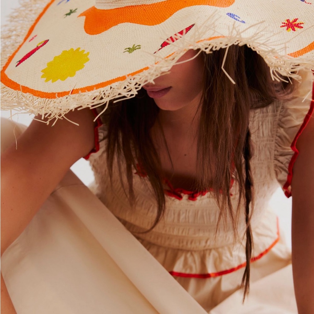 Free People Cream and Orange Embroidered Sun Hat